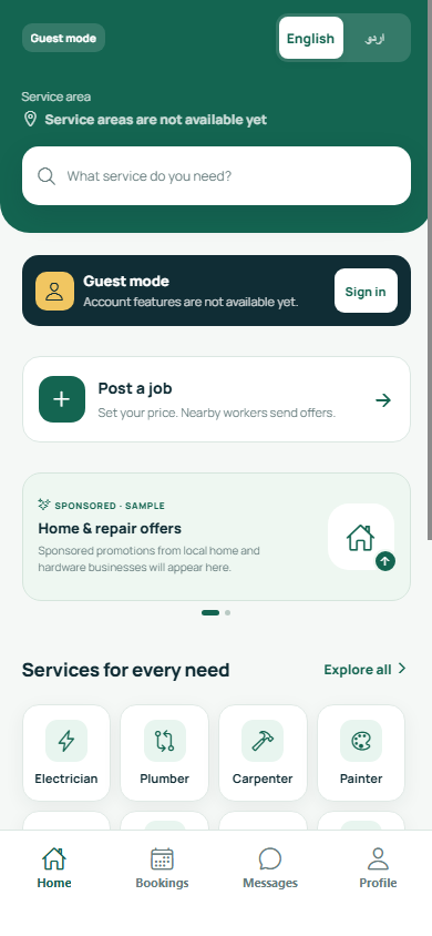 KaamWala customer home screen with service search, job posting, and categories