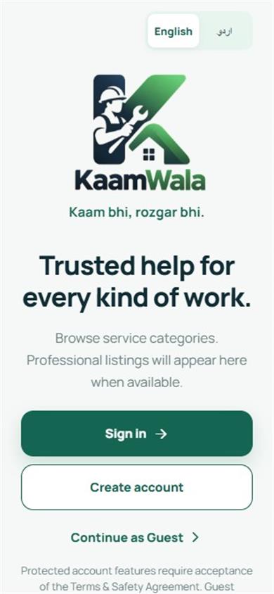 KaamWala welcome screen with sign-in and account creation options