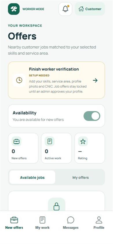 KaamWala worker home screen showing offers, availability, and work status