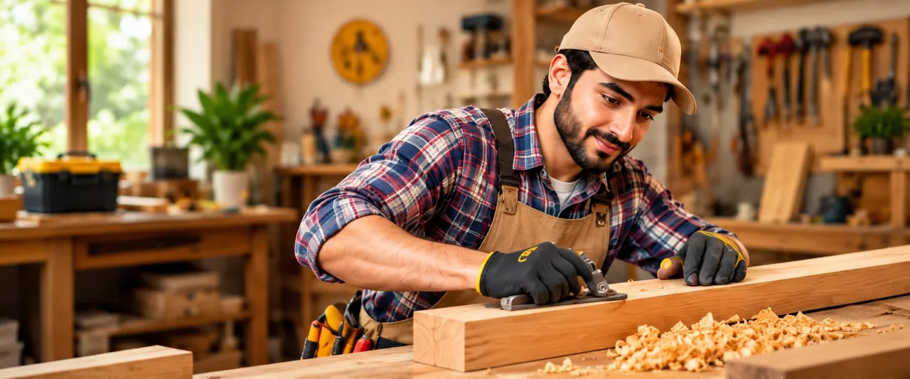 A carpenter carefully planing a wooden plank in his workshop
