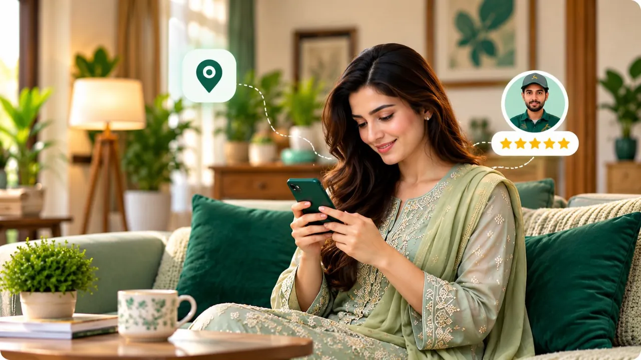A Pakistani woman at home using her phone to find local services