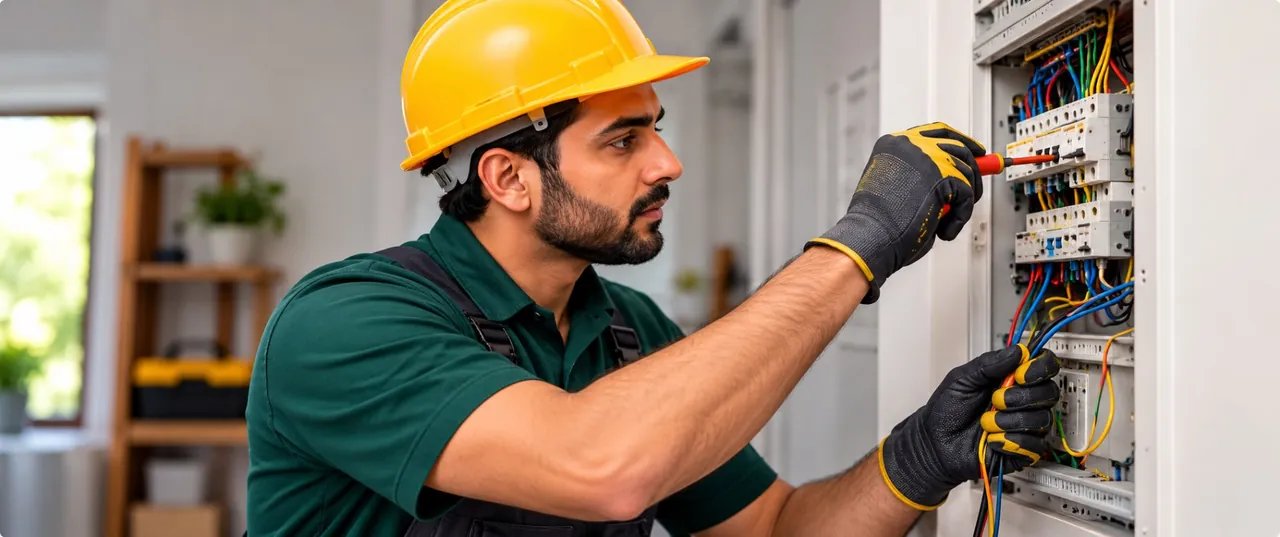 An electrician in a safety helmet working on an electrical panel